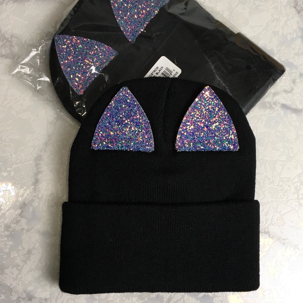 NORDSTROM Cat Ear Beanie Hat Black with Purple Glitter Ears NWT
